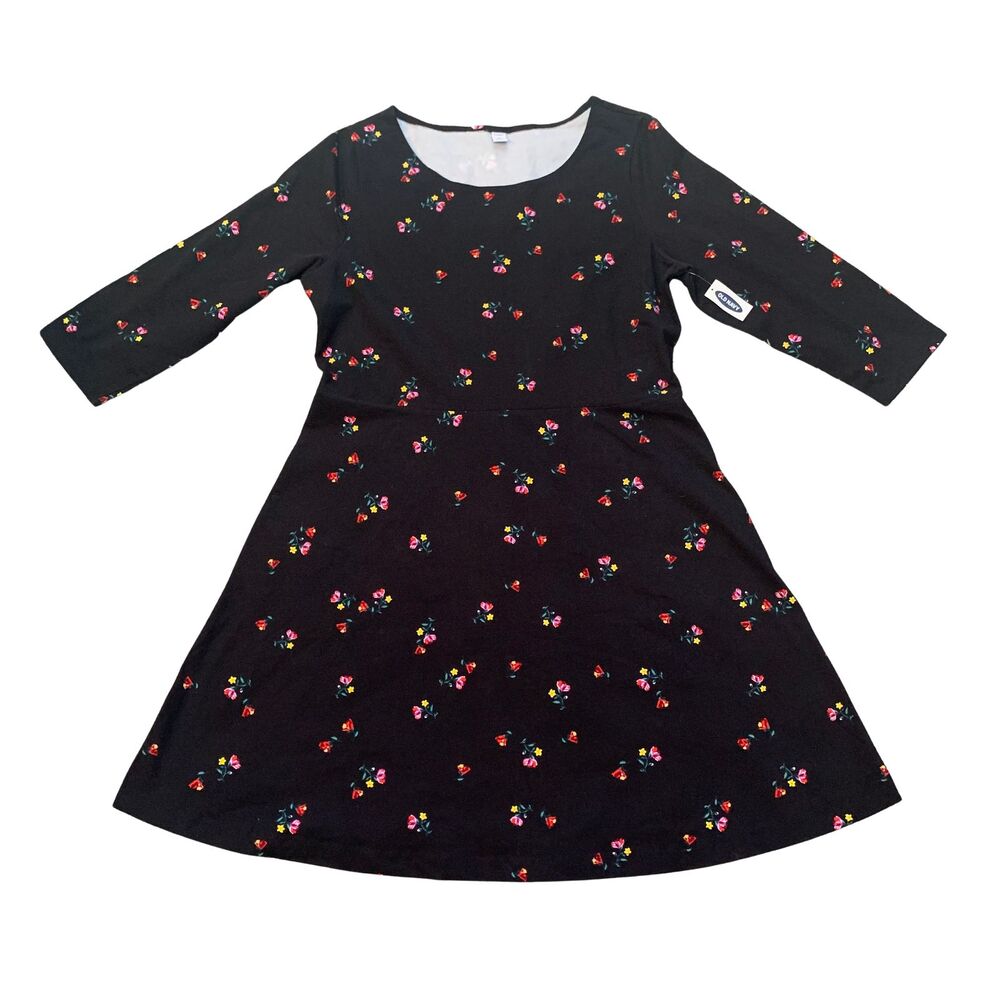 Old Navy Dress Womens XL Black Floral 3/4 Sleeve Fit & Flare Cottagecore NWT